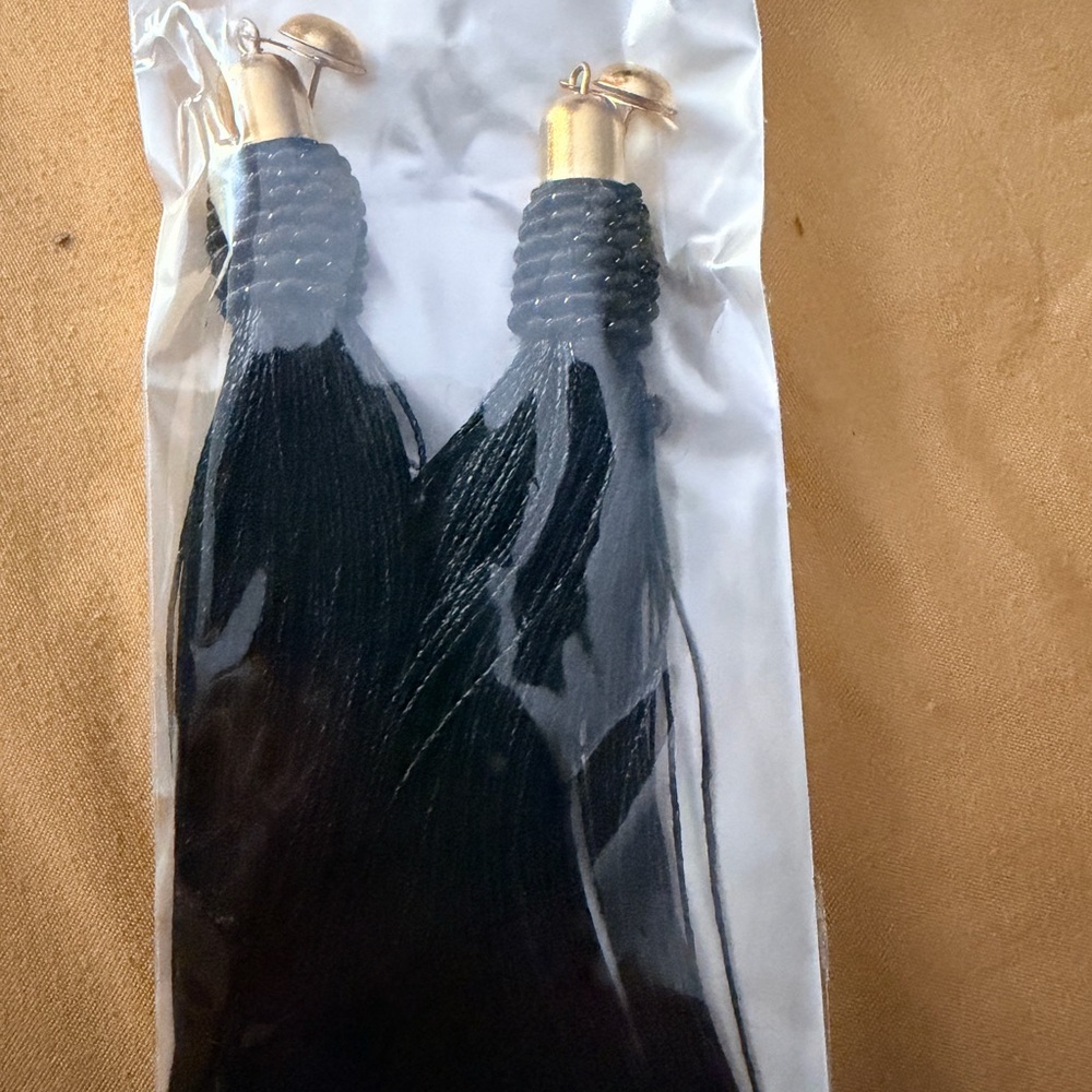 Black Thread Tassel Earrings with Gold Caps